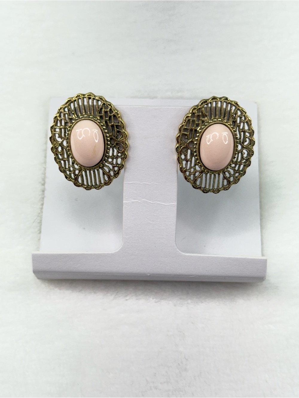 Vintage Gold Tone Filigree Pink Oval Large Stud Statement Earrings